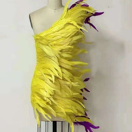 Golden Sunshine Feathered Asymmetrical Bodycon Gown - Très Elite