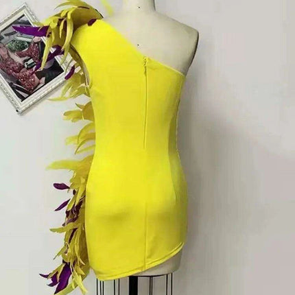 Golden Sunshine Feathered Asymmetrical Bodycon Gown - Très Elite