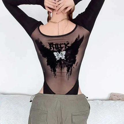 Gothic Butterfly Lace Bodysuit - Y2K Grunge Sheer Lingerie Top for Nightlife and Clubbing - Très Elite