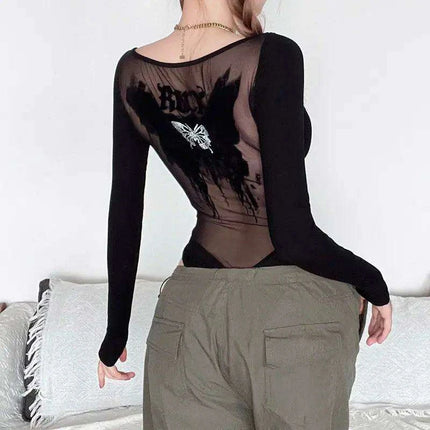 Gothic Butterfly Lace Bodysuit - Y2K Grunge Sheer Lingerie Top for Nightlife and Clubbing - Très Elite