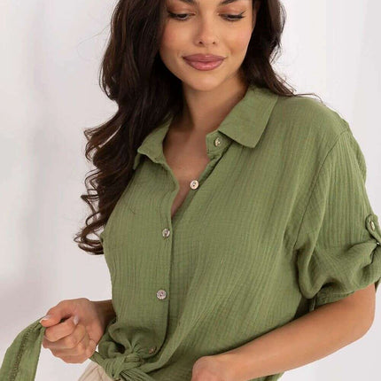 Green Cotton Casual Womens Shirt Three Quarter Sleeve - Très Elite