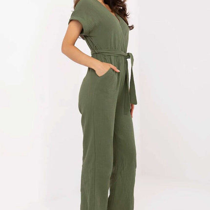 Green Cotton Jumpsuit Short Sleeve Wrap Neck Day Comfort - Très Elite