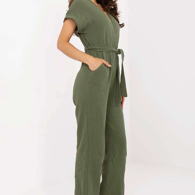 Green Cotton Jumpsuit Short Sleeve Wrap Neck Day Comfort