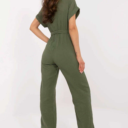 Green Cotton Jumpsuit Short Sleeve Wrap Neck Day Comfort - Très Elite