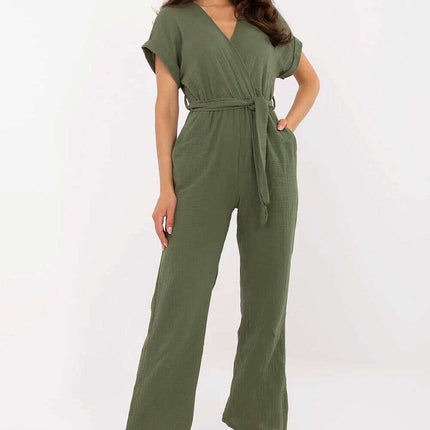 Green Cotton Jumpsuit Short Sleeve Wrap Neck Day Comfort