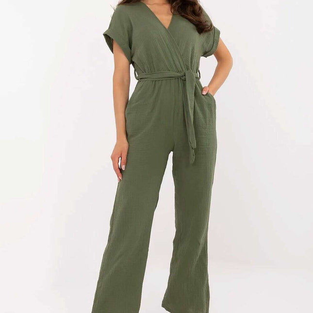 Green Cotton Jumpsuit Short Sleeve Wrap Neck Day Comfort