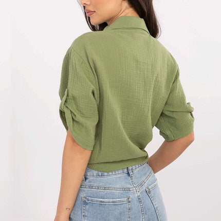 Green Cotton Womens Shirt With Tie Hem ThreeQuarterSleeves - Très Elite