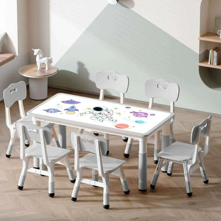Grey Adjustable Kids' Art Table and Chair Set with 6 Chairs and Creative Doodle Feature..