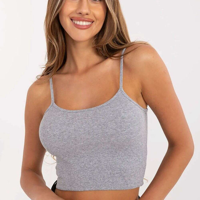 Grey Ribbed Cotton Elastane Spaghetti Strap Top 215388