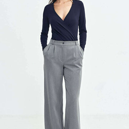 Grey Womens Relaxed Fit Pleated Casual Wide Leg Trousers - Très Elite