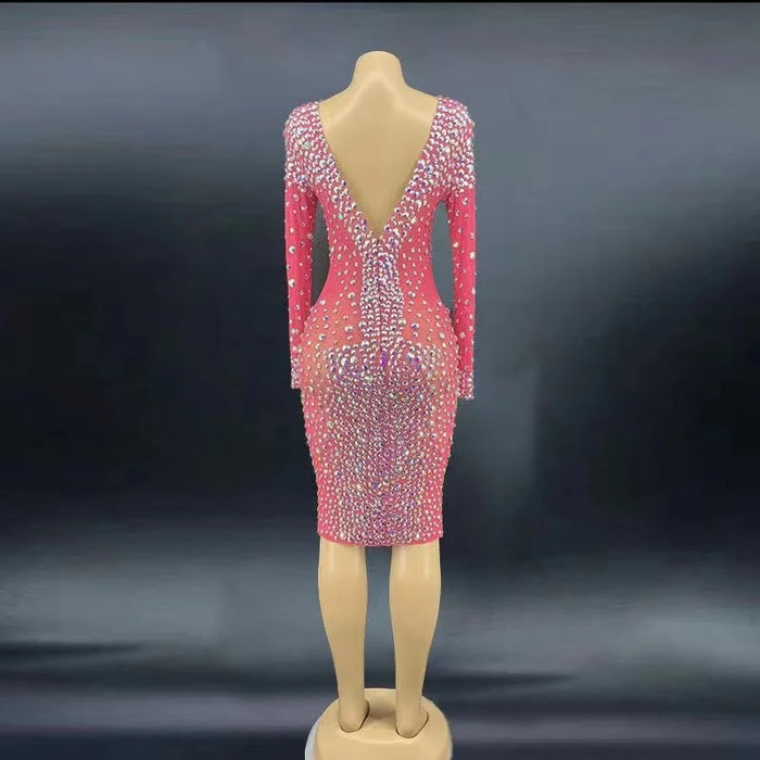 Ladies' Pink Rhinestone Embellished Long Sleeve Bodycon Mini Dress for Birthday Celebrations