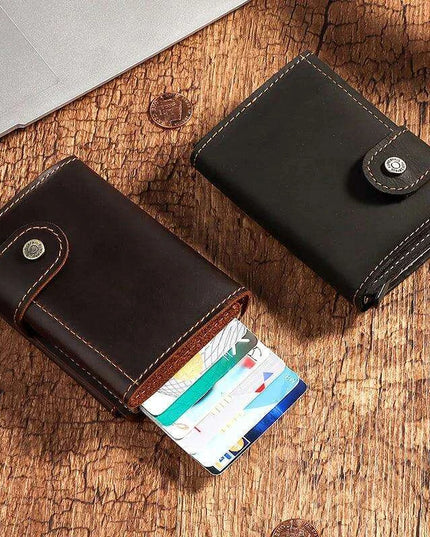 RFID Blocking Crazy Horse Leather Men's Card Wallet with Push-Button Ejection and Money Clip