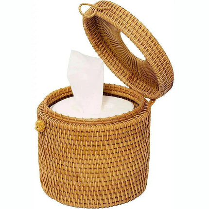 Chic Rattan Tissue and Toilet Paper Storage Box with Lid for Home and Office Use