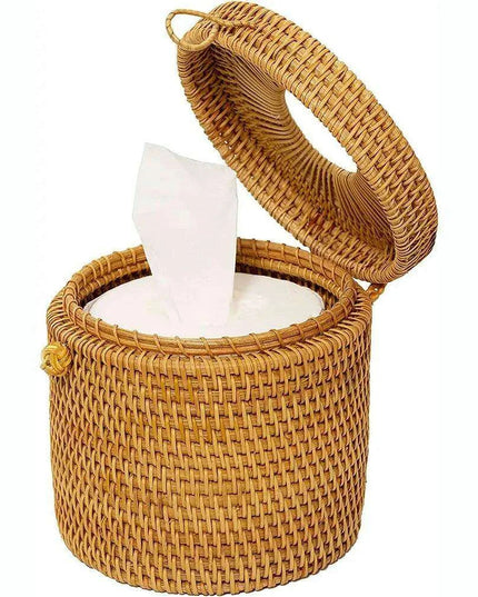 Chic Rattan Tissue and Toilet Paper Storage Box with Lid for Home and Office Use