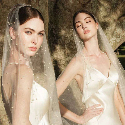 Opulent Pearl-Accented Cathedral Bridal Veil Set - A Statement of Luxury and Elegance