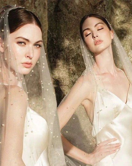 Opulent Pearl-Accented Cathedral Bridal Veil Set - A Statement of Luxury and Elegance
