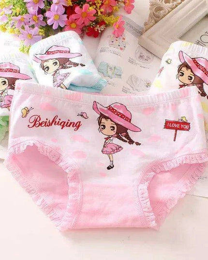 4 pcs Girls' Cotton Briefs Collection - Soft, Breathable & Playful Patterns for Kids