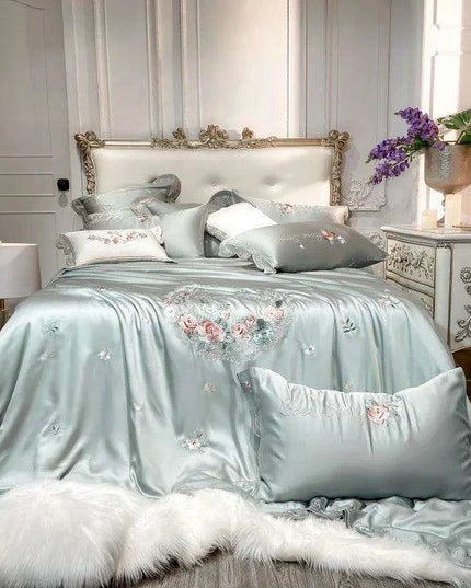 Chic Floral Embroidered Eucalyptus Fiber Bedding Collection - Available in Queen & King Sizes, Includes Duvet Cover, Sheets & Pillowcases