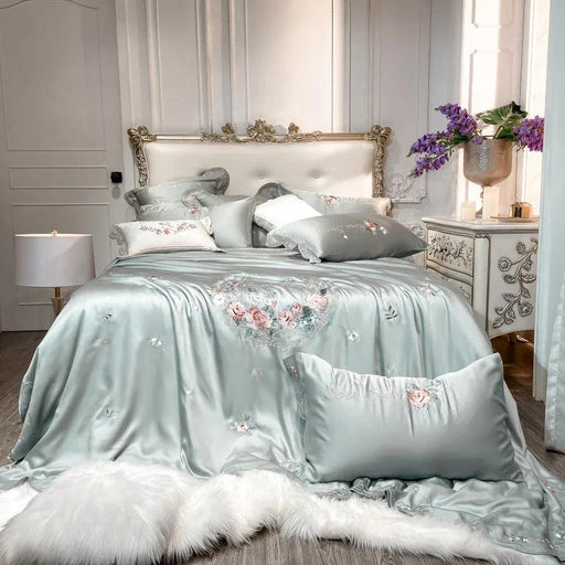 Chic Floral Embroidered Eucalyptus Fiber Bedding Collection - Available in Queen & King Sizes, Includes Duvet Cover, Sheets & Pillowcases