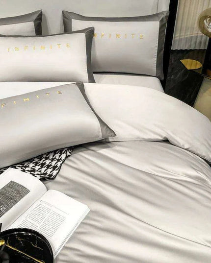 Elegant Gray 60S Egyptian Cotton Luxury Bedding Set with Intricate Embroidery - Duvet Cover, Sheet & Pillowcases