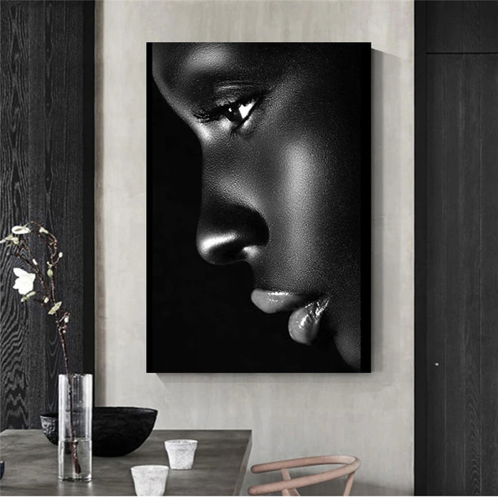 Exquisite African Woman Profile Oil Painting: Vibrant Lips Wall Art