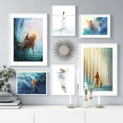 Divine Coastal Serenity: Christ Jesus Nordic Canvas Art for Spiritual Spaces