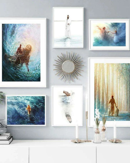 Divine Coastal Serenity: Christ Jesus Nordic Canvas Art for Spiritual Spaces