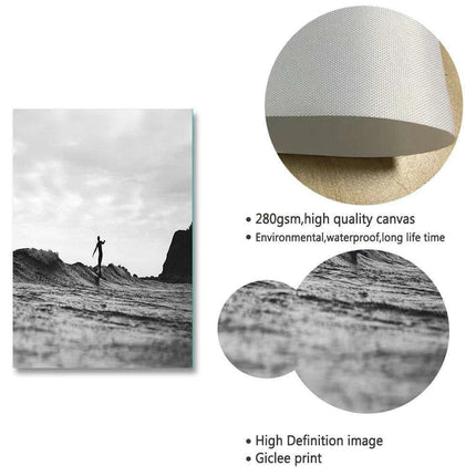 Black and White California Surf Canvas Art - Chic Ocean Decor with Customizable Borders for Contemporary Spaces