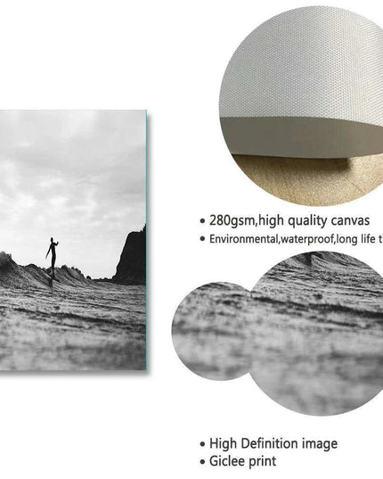 Black and White California Surf Canvas Art - Chic Ocean Decor with Customizable Borders for Contemporary Spaces