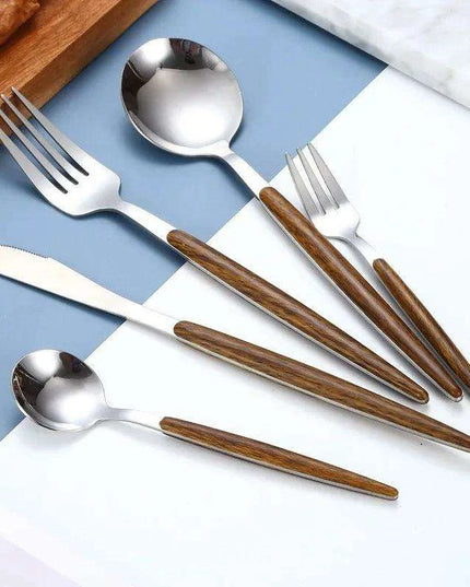 Luxurious Stainless Steel Cutlery Set with Elegant Wood Grain Handles