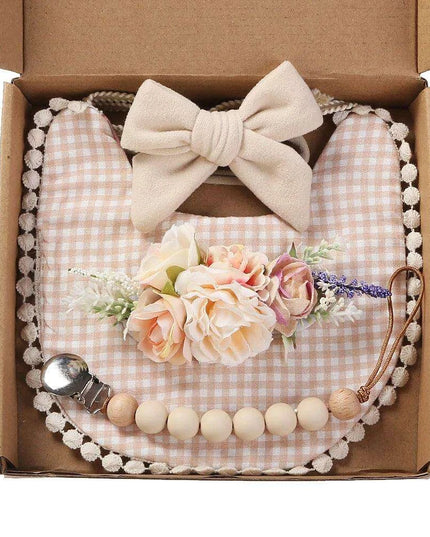 Chic Floral Baby Care Set: Bib, Headband, and Silicone Pacifier Clip in Festive Gift Box