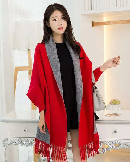 Elegant Black Tassel Poncho Scarf - Stylish Women's Winter Wrap for Warmth and Versatility