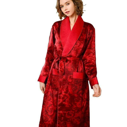 Plush Winter Plaid Silk Robe and Gown Set in Vibrant Red Rose for Women