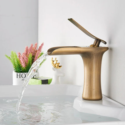 Antique Brass Waterfall Basin Faucet | Single Handle, Sleek De