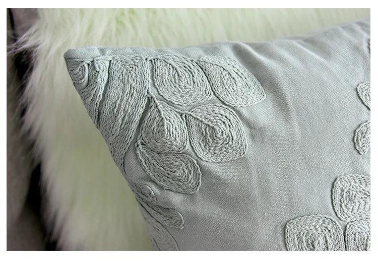 Embroidered Green Floral Cotton Cushion Cover - 50x50cm Decorative Throw for Sofa and Armchair