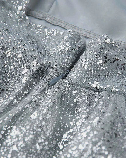 Glistening Silver Lace Maxi Dress - Chic Evening Gown for Special Occasions