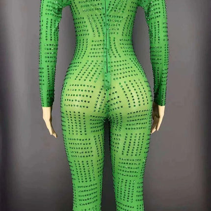 Emerald Diva Rhinestone Showstopper Set: Green Long Coat & Bodycon Jumpsuit for Female Performers