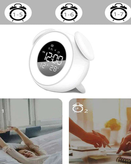 Colorful Rechargeable LED Alarm Clock with Sunrise-Sunset Simulation and Mirror Finish