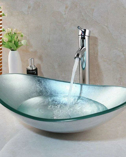 Sleek Chrome Faucet and Oval Glass Sink Ensemble with Pop-Up Drain Assembly