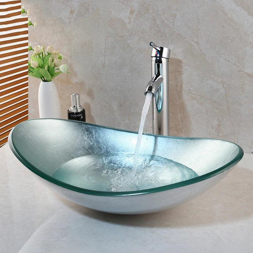 Elegant Oval Glass Vessel Sink Set with Chrome Faucet and Pop-Up Drain