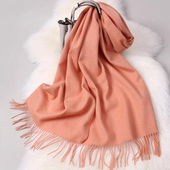 Elegant Tassel-Trimmed Lamb Wool Wrap - Luxe Winter Scarf for Fashionable Warmth