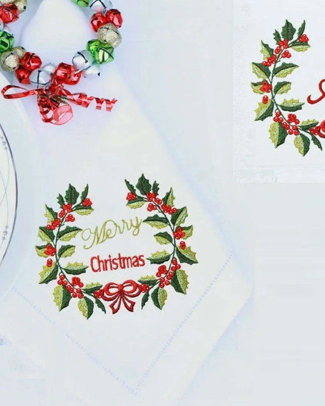 Personalized Holly Berries Embroidered Christmas Table Linen Set for Holiday Elegance