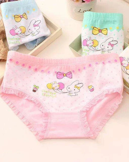 4 pcs Girls' Cotton Briefs Collection - Soft, Breathable & Playful Patterns for Kids