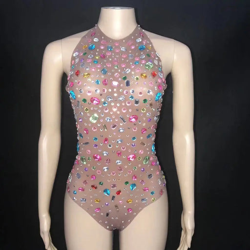 Multicolor Rhinestones Crystal Mesh Bodysuit: Elevate Your Nightclub Glamour!