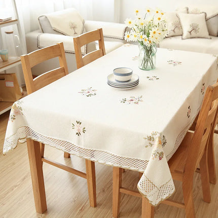 Europe Flowers White Hollow Lace Tablecloth Cotton Linen Dustproof Dining Table