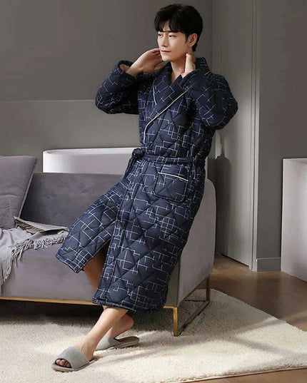 Men's Elegant Plaid Kimono Robe - Superior Cotton Lounge Wear for Chilly Seasons