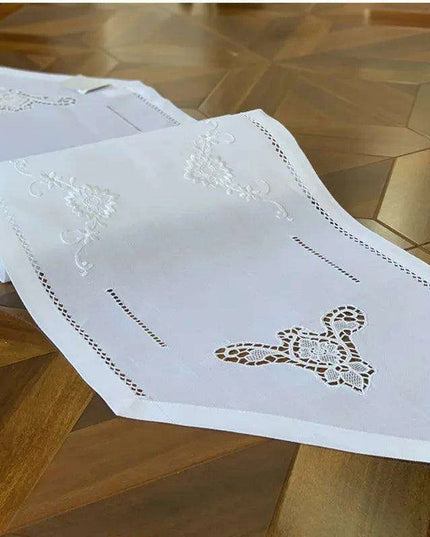 Elegant Camellia Embroidered Hemstitch Table Runner: Luxurious White Floral Design