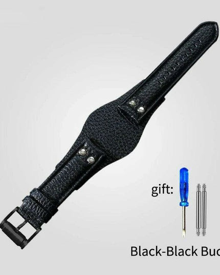 22mm Luxurious Black/Brown Riveted Leather Strap for Fossil Watches