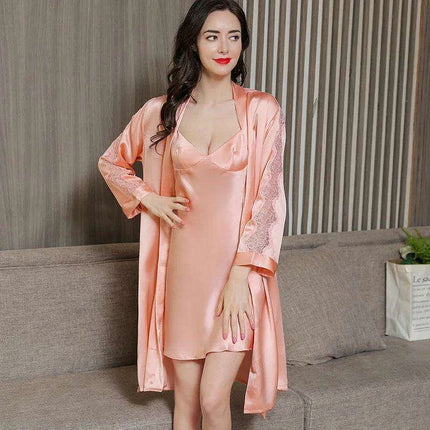 Serenity Evening: Opulent Mulberry Silk Nightwear Set with Graceful Lace Sleeves