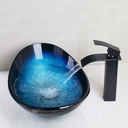 Luxurious Hand-Painted Glass Waterfall Basin Faucet Set in Stunning Blue